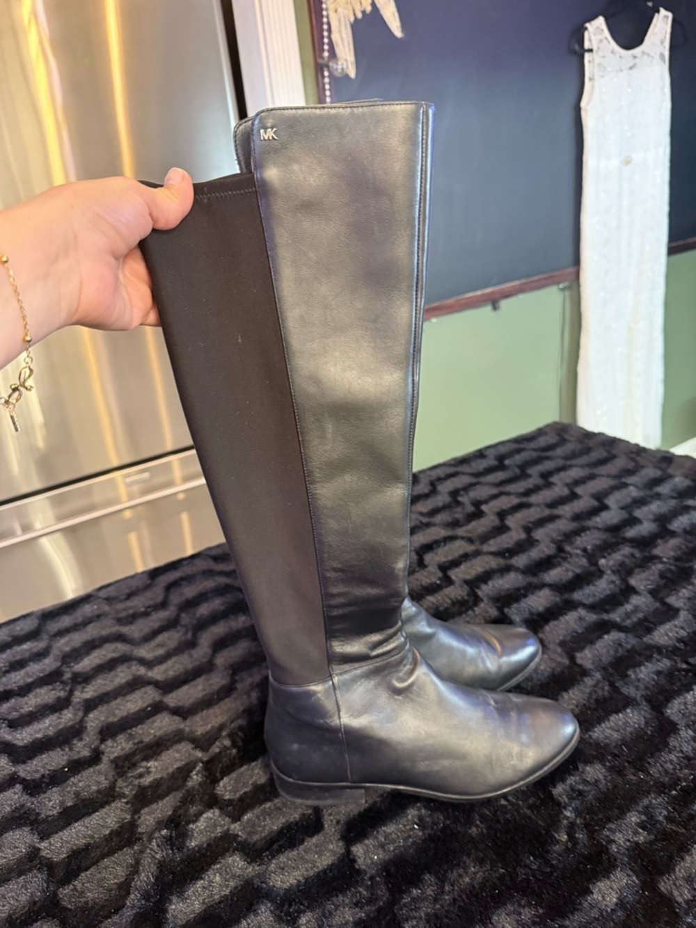 Michael Kors Black Tall Leather Riding Boots with Stretch Panels